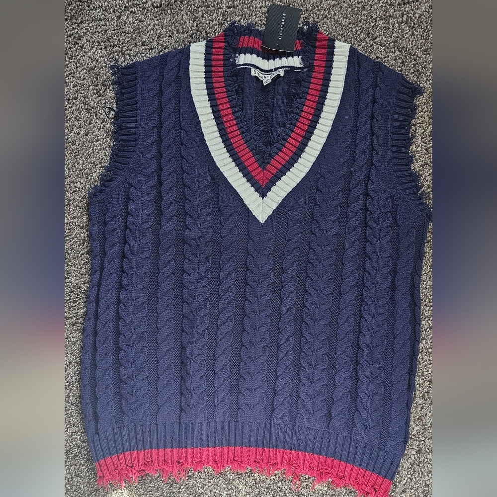 Navy Cable Knit Sweater Vest with Red and White Trim